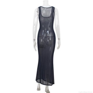 Women Sexy See Through Mesh Maxi Dress Sleeveless Polyester Spandex Bodycon Beach Gown For Summer Vacation Party Evening Solid Color Long Dress