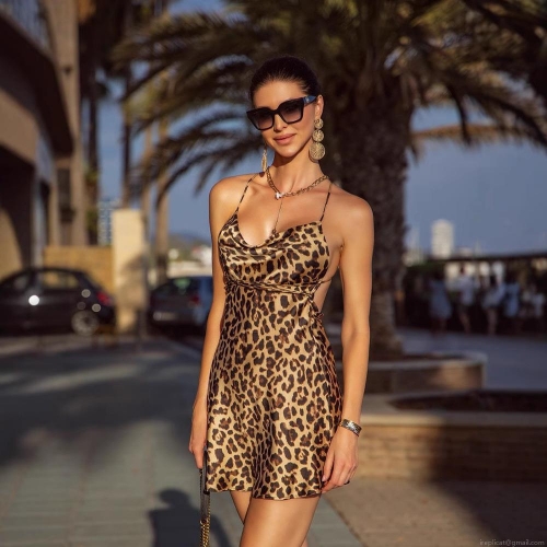 Sexy Leopard Print Satin Cowl Neck Cami Mini Dress Backless Slim Fit Bodycon Summer Vacation Beach Party Dresses For Women