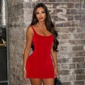 Women's Sexy Backless Bodycon Mini Dress Elegant U-Neck Sleeveless Red Polyester Spandex Short Dress For Summer Night Party Clubwear Solid Color