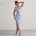 Women's Floral Print Bodycon Midi Dress Polyester Spandex Ruched Drawstring Cami Dress Bow Tie Straps Square Neck Slim Fit Spring Summer Vacation Dating Sexy Dress