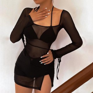 Women's Sexy Mesh Sheer Bikini Cover Up Dress Square Neck Long Sleeve Bodycon Mini Dress For Beach Vacation Club Pool Party Solid Black Summer Outfits