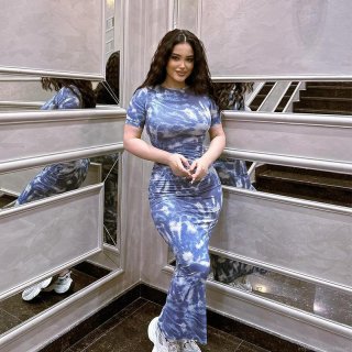 Women's Sexy Tie Dye Print Bodycon Maxi Dress Polyester Spandex Round Neck Short Sleeve Ruched Summer Beach Vacation Slim Fit Long Dress