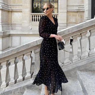Women's Elegant French Style Polka Dot Maxi Dress V-Neck Long Sleeve High Slit Waist Tie Chiffon Polyester Blend Long Dress For Party Vacation Daily Wear