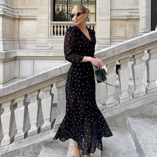 Women's Elegant French Style Polka Dot Maxi Dress V-Neck Long Sleeve High Slit Waist Tie Chiffon Polyester Blend Long Dress For Party Vacation Daily Wear
