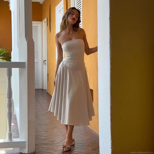 Elegant French Style Backless Tube Top Midi Dress Sexy A-Line Slim Fit Waist Tie Solid Color Polyester Prom Party Vacation Long Dress For Women