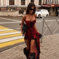 Women Rose Print Mesh Camisole Maxi Dress Irregular Ruffle Hem Sexy Backless High Waist Slim Fit Elegant Evening Party Summer Vacation Dress