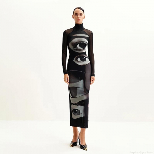 Women's 3D Surrealist Eye Print Double Layer Mesh Dress High Neck Long Sleeve Slim Fit Bodycon Maxi Dress Avant-Garde Y2K Streetwear