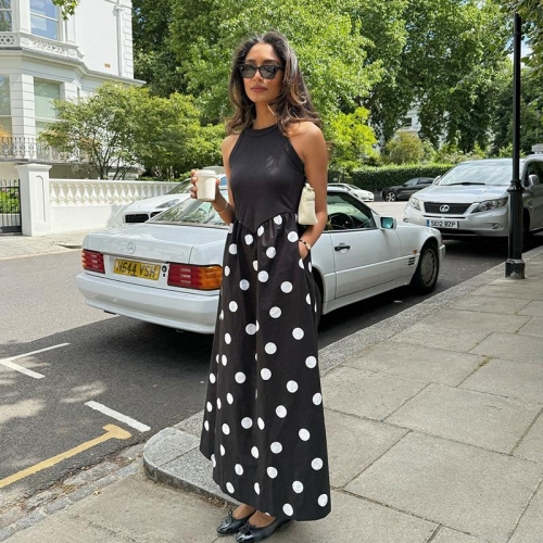Women Sleeveless Maxi Dress Patchwork Polka Dot Print A-Line Long Dress Ribbed Knit Polyester Spandex Round Neck Casual Streetwear Summer Spring