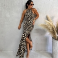 Sexy Halter Neck Leopard Print Backless Bodycon Maxi Dress High Side Slit Sleeveless Elegant Long Party Evening Gown For Women Summer Clubwear
