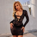Women's Sexy Long Sleeve Lace Mini Dress Deep V Neck Hollow Out Bodycon Clubwear Party Dress Solid Color Sheer Perspective Nightclub Short Dress