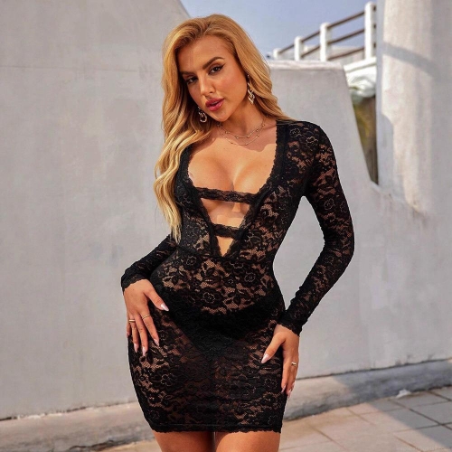 Women's Sexy Long Sleeve Lace Mini Dress Deep V Neck Hollow Out Bodycon Clubwear Party Dress Solid Color Sheer Perspective Nightclub Short Dress