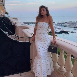 Women Sexy Polka Dot Strapless Bodycon Fishtail Maxi Dress French Style Elegant Mermaid Party Dress For Summer Resort Ladies
