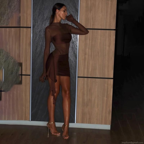 Women's Sexy Mesh Patchwork Long Sleeve Mini Dress Ruched Hollow Out See Through Bodycon Party Clubwear Brown Short Dress Polyester Spandex