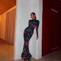 Women's Elegant Red Rose Print Maxi Dress Slim Fit Long Sleeve Mock Neck Fishtail Evening Party Dress Navy Blue Polyester Spandex Bodycon Dress