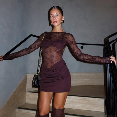 Women Sexy Nightclub Lace Stitching Long Sleeve Bodycon Mini Dress Sheer Patchwork Ruched Backless Party Clubwear Solid Color Hot Girl Slim Fit Burgundy Purple Dresses