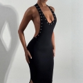 Sexy Halter Backless Maxi Dress For Women Elastic Polyester Slim Fit U-Neck Dress With Metal Eyelets Grommets Side Slit Club Night Out Party Long Dress