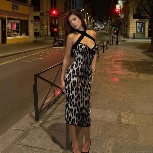 Women's Sexy Leopard Print Midi Dress Cross Halter Backless Slim Fit Club Party Nightclub Bodycon Dress Spandex Polyester Blend