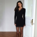 Women's French Style Lace V-Neck Mini Dress Slim Fit Bodycon Long Sleeve Autumn Winter Elastic Polyester Spandex Elegant Black Party Evening Dress
