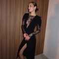 Women's Elegant V-Neck Long Sleeve Dress With Black Lace Patchwork High Slit Slim Fit Bodycon Evening Party Long Midi Dress For Autumn Winter