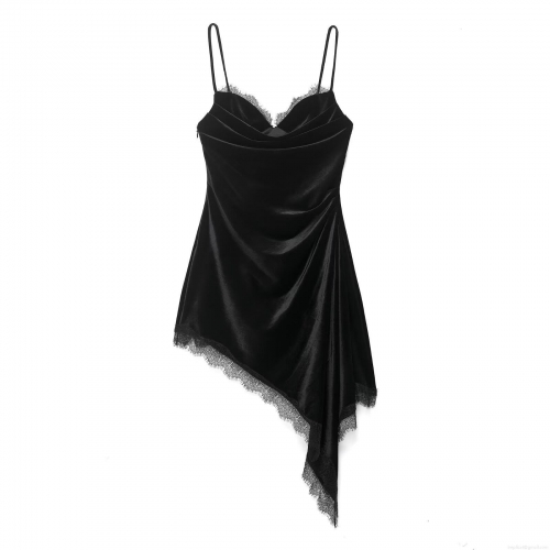 Women Asymmetric Lace Cami Mini Dress V-Neck Spaghetti Strap Irregular Hem Polyester Satin Suede Texture Party Clubwear Sexy Bodycon Dress