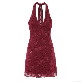 Burgundy Halter Mesh Sequin Mini Dress With Floral Lace Backless Slim Fit Sleeveless Sexy Clubwear Party Dress For Women New Spring Fashion