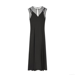 Women's Sleeveless Mesh Splicing Perspective Dress Elegant Round Neck Midi Little Black Dress For Evening Party Casual Street Style