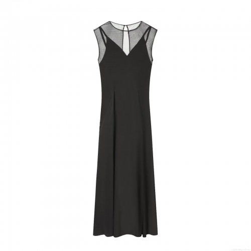 Women's Sleeveless Mesh Splicing Perspective Dress Elegant Round Neck Midi Little Black Dress For Evening Party Casual Street Style