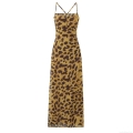 Women's Sexy Leopard Print Halter Maxi Dress Backless Cross Straps Slim Fit Sleeveless Polyester Long Dresses For Summer Beach Party Streetwear