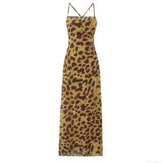 Women's Sexy Leopard Print Halter Maxi Dress Backless Cross Straps Slim Fit Sleeveless Polyester Long Dresses For Summer Beach Party Streetwear