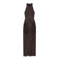 Women's Halter Neck Maxi Dress with Metal Chain Pleated Bodycon Sleeveless Backless Long Dress Party Night Club Wear Polyester Brown