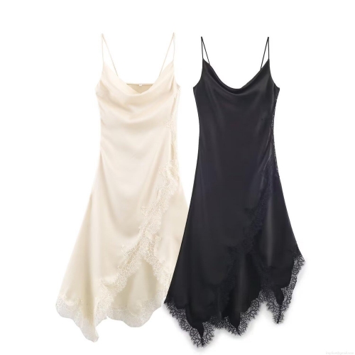 Women's Sexy Lace Patchwork Satin Slip Dress V-Neck Irregular Hem Midi Dress Elegant Solid Color Sleeveless Dress For Party Streetwear