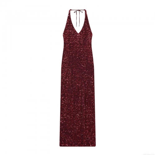 Women's Sexy Halter Neck Backless Sequin Maxi Dress Elegant Deep V Neck Sleeveless Party Evening Dress Sparkly Wine Red Polyester Long Gown