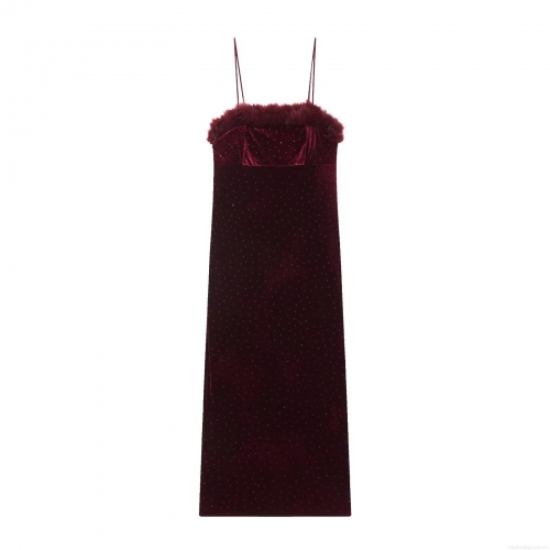Women Wine Red Velvet Cami Maxi Dress With Faux Fur Trim Rhinestone Decoration Luxury Spaghetti Strap Party Evening Gown Elegant Slim Fit Banquet Wedding Clothing