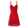 Red Heart Print Mesh Mini Dress Women V-Neck Ruffle Strap Layered Hem Sexy Sleeveless A-Line Polyester Spandex Sundress For Valentine's Day Date Night