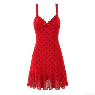 Red Heart Print Mesh Mini Dress Women V-Neck Ruffle Strap Layered Hem Sexy Sleeveless A-Line Polyester Spandex Sundress For Valentine's Day Date Night