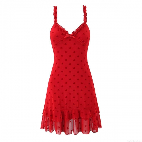 Red Heart Print Mesh Mini Dress Women V-Neck Ruffle Strap Layered Hem Sexy Sleeveless A-Line Polyester Spandex Sundress For Valentine's Day Date Night