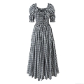 Vintage Gingham Cotton Maxi Dress For Women Square Neck Short Puff Sleeve Smocked Waist A-Line Long Dress Retro Plaid Summer Vacation Party Dress
