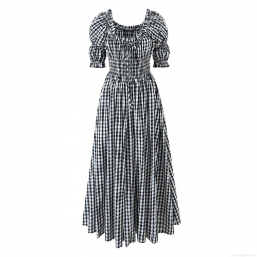 Vintage Gingham Cotton Maxi Dress For Women Square Neck Short Puff Sleeve Smocked Waist A-Line Long Dress Retro Plaid Summer Vacation Party Dress