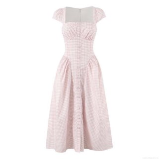 Women French Retro Square Neck Puff Sleeve Gingham Dress Polyester Cotton Blend Button Up A-Line Midi Dress Pink White Plaid Summer Holiday Beach Party Casual Dresses For Ladies