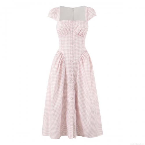 Women French Retro Square Neck Puff Sleeve Gingham Dress Polyester Cotton Blend Button Up A-Line Midi Dress Pink White Plaid Summer Holiday Beach Party Casual Dresses For Ladies