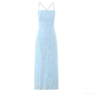 Light Blue Backless Criss-Cross Lace-Up Jacquard Floral Maxi Dress Sexy Spaghetti Strap Cami Dress For Women Summer Vacation Evening Party