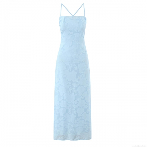 Light Blue Backless Criss-Cross Lace-Up Jacquard Floral Maxi Dress Sexy Spaghetti Strap Cami Dress For Women Summer Vacation Evening Party