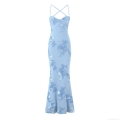 Light Blue 3D Floral Embroidery Mesh Maxi Dress Elegant Cross Back Spaghetti Strap Fishtail Evening Party Gown Women Luxury Cocktail Dress