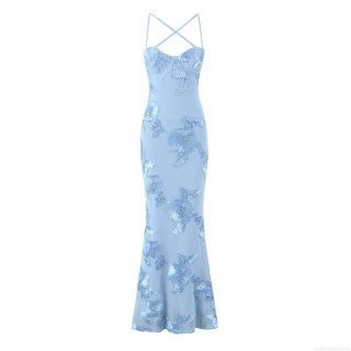 Light Blue 3D Floral Embroidery Mesh Maxi Dress Elegant Cross Back Spaghetti Strap Fishtail Evening Party Gown Women Luxury Cocktail Dress