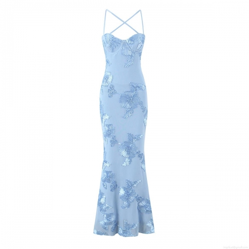 Light Blue 3D Floral Embroidery Mesh Maxi Dress Elegant Cross Back Spaghetti Strap Fishtail Evening Party Gown Women Luxury Cocktail Dress