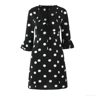 Women's Vintage Polka Dot V-Neck Dress Elegant Tie-Up Bell Sleeve A-Line Mini Dress Polyester Spandex Retro Casual Party Skirt