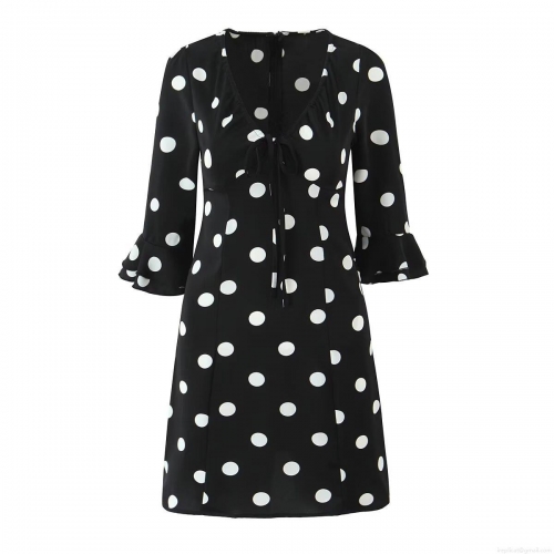 Women's Vintage Polka Dot V-Neck Dress Elegant Tie-Up Bell Sleeve A-Line Mini Dress Polyester Spandex Retro Casual Party Skirt