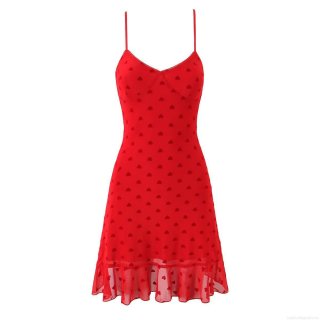 Sexy Women's Mini Cami Dress Red Mesh Heart Print V-Neck Backless Ruffle Hem Bodycon Dress For Party Streetwear Date Valentine's Day