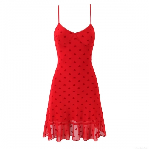 Sexy Women's Mini Cami Dress Red Mesh Heart Print V-Neck Backless Ruffle Hem Bodycon Dress For Party Streetwear Date Valentine's Day
