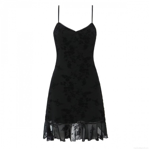Women's Black Lace Mini Dress V-Neck Mesh Patchwork Floral Sleeveless Ruffle Hem Sexy Slip Dress For Summer Party Clubwear Streetwear Night Out